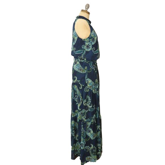 JULIA JORDAN Mock Neck Three Tier Maxi Dress 6 Navy Multi Blue Sleeveless NWT B5 - Picture 2 of 5